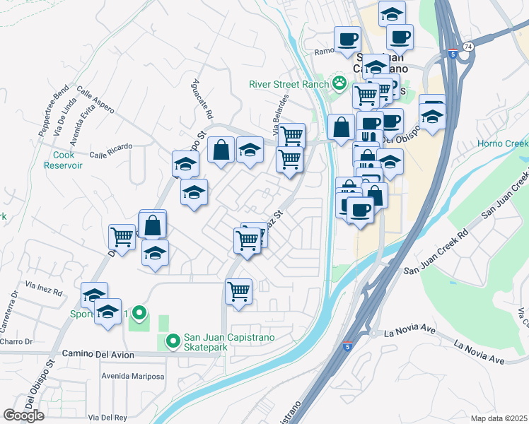map of restaurants, bars, coffee shops, grocery stores, and more near 32221 Alipaz Street in San Juan Capistrano