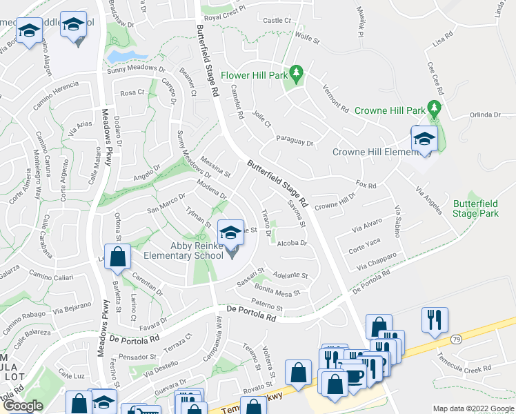 map of restaurants, bars, coffee shops, grocery stores, and more near 43561 Tirano Drive in Temecula