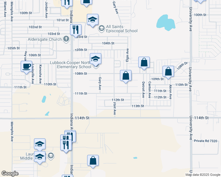 map of restaurants, bars, coffee shops, grocery stores, and more near 3103 110th Street in Lubbock