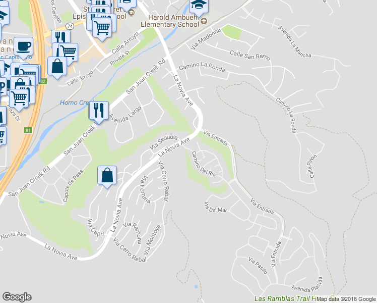 map of restaurants, bars, coffee shops, grocery stores, and more near 27791 Camino Del Rio in San Juan Capistrano