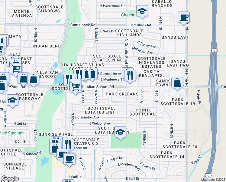 map of restaurants, bars, coffee shops, grocery stores, and more near 8322 East Indian School Road in Scottsdale