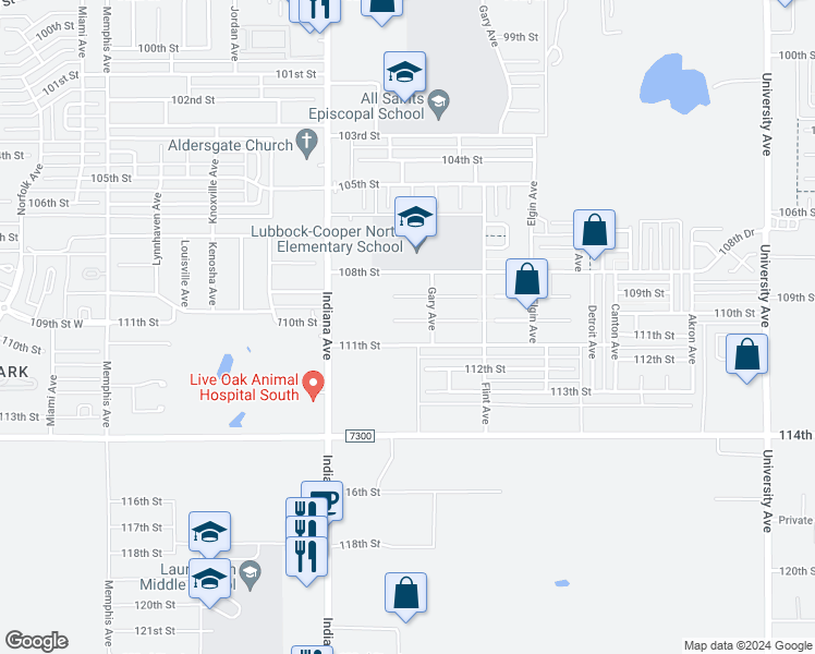 map of restaurants, bars, coffee shops, grocery stores, and more near 3207 110th Street in Lubbock