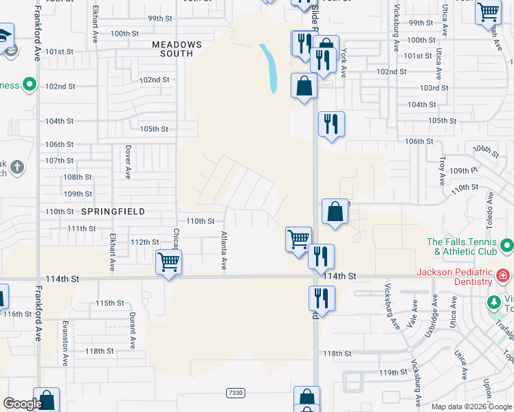 map of restaurants, bars, coffee shops, grocery stores, and more near 11006 Slide Road in Lubbock