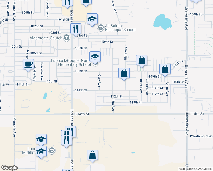 map of restaurants, bars, coffee shops, grocery stores, and more near 3107 110th Street in Lubbock