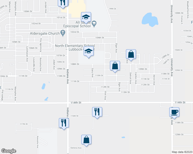 map of restaurants, bars, coffee shops, grocery stores, and more near 3111 110th Street in Lubbock