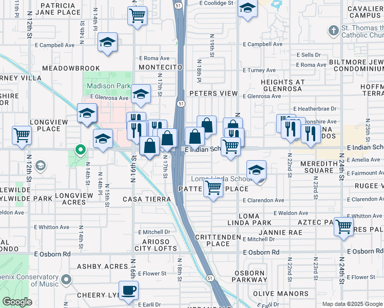 map of restaurants, bars, coffee shops, grocery stores, and more near 1840 East Indian School Road in Phoenix