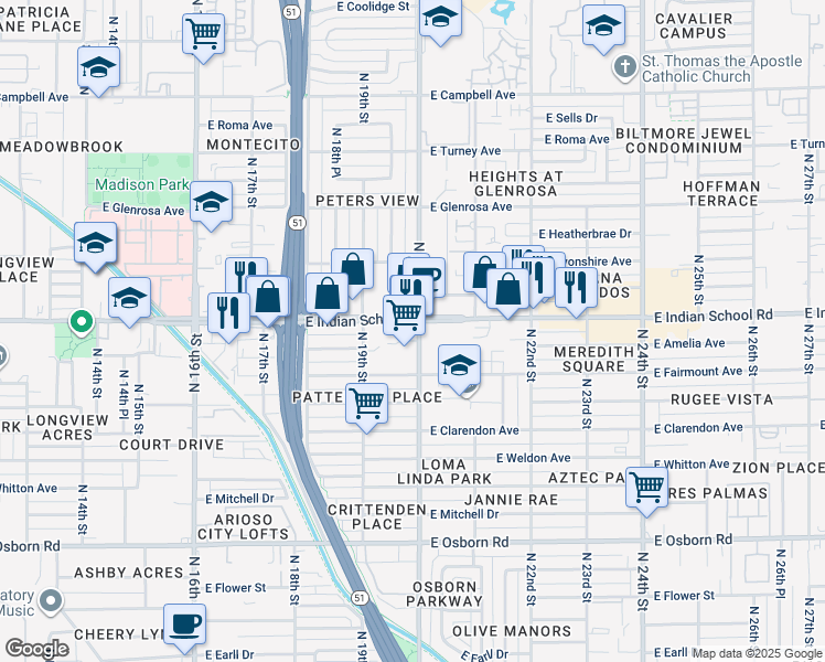 map of restaurants, bars, coffee shops, grocery stores, and more near in Phoenix