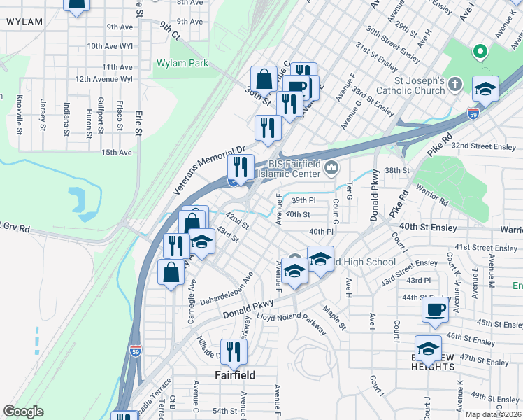 map of restaurants, bars, coffee shops, grocery stores, and more near 510 40th Street in Fairfield