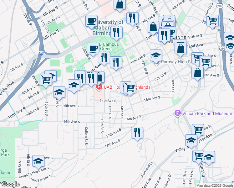map of restaurants, bars, coffee shops, grocery stores, and more near 1143 14th Street South in Birmingham