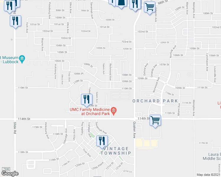 map of restaurants, bars, coffee shops, grocery stores, and more near Richmond Avenue in Lubbock
