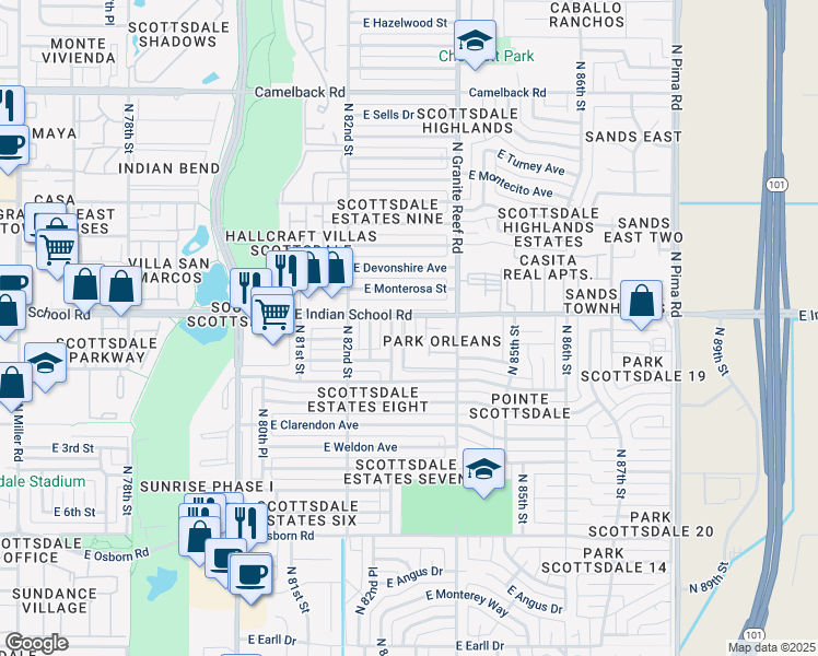 map of restaurants, bars, coffee shops, grocery stores, and more near 8322 East Indian School Road in Scottsdale