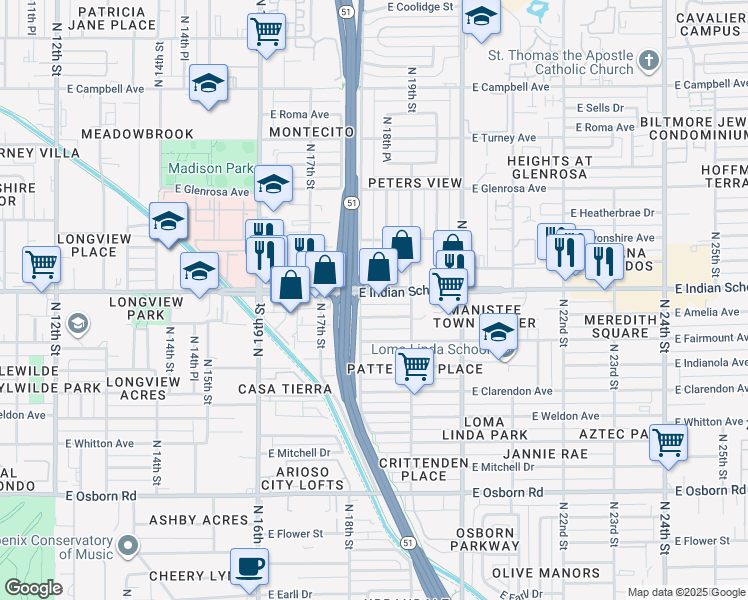 map of restaurants, bars, coffee shops, grocery stores, and more near 1840 East Indian School Road in Phoenix