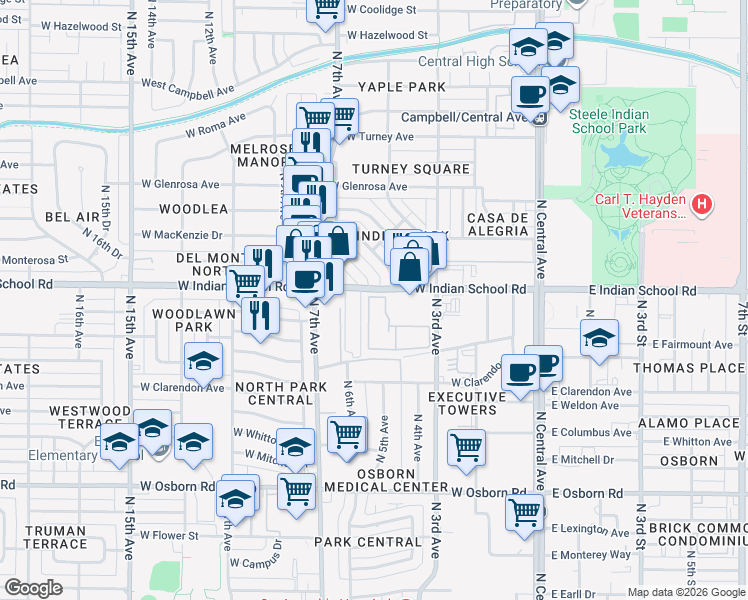 map of restaurants, bars, coffee shops, grocery stores, and more near 602 West Indian School Road in Phoenix
