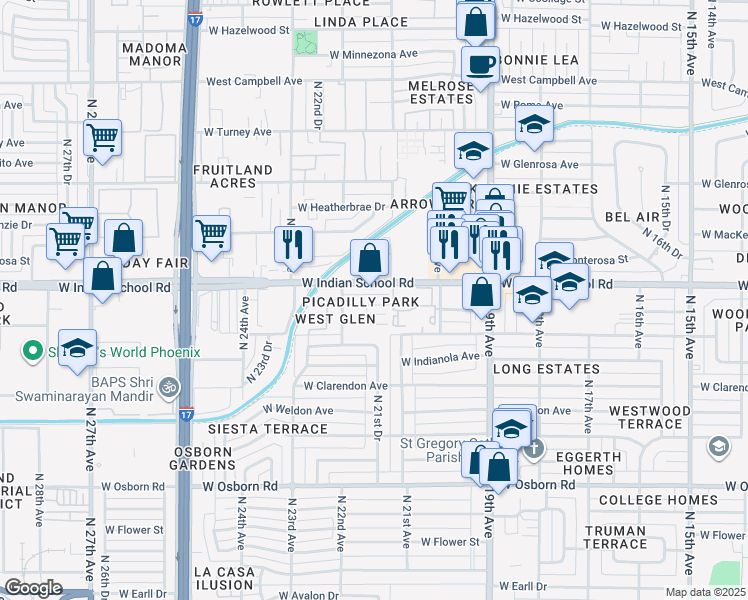 map of restaurants, bars, coffee shops, grocery stores, and more near 2129 West Indian School Road in Phoenix