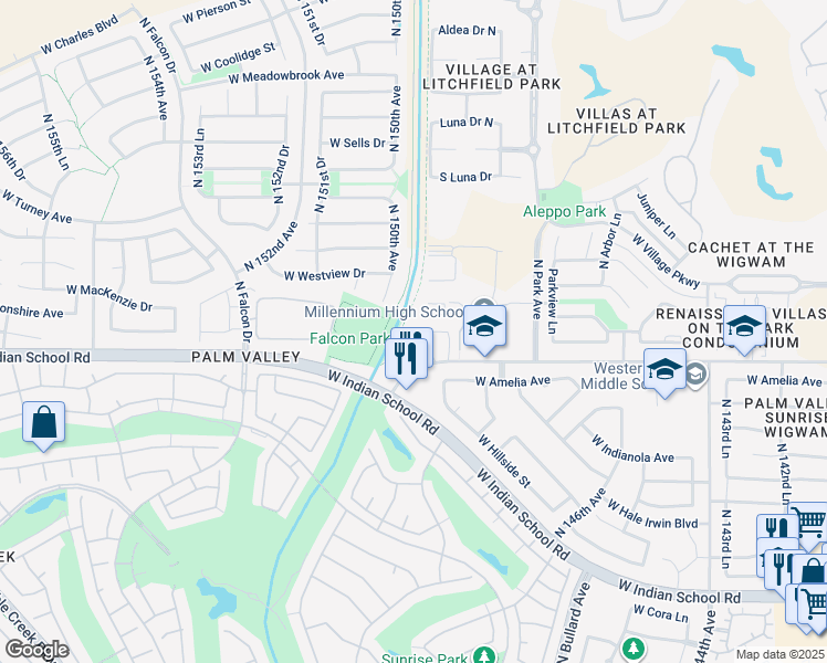 map of restaurants, bars, coffee shops, grocery stores, and more near 14930 West Wigwam Boulevard in Goodyear