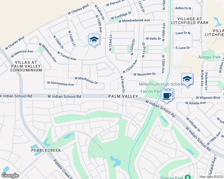 map of restaurants, bars, coffee shops, grocery stores, and more near 4200 North Falcon Drive in Goodyear