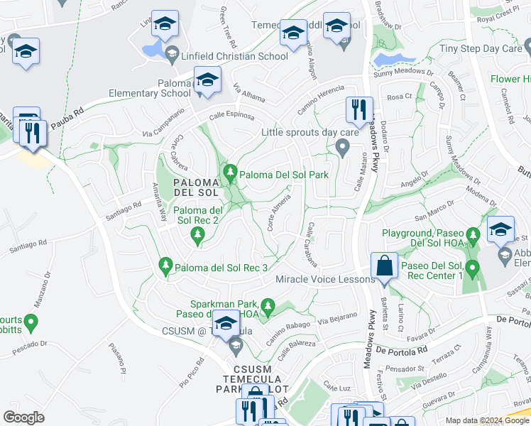 map of restaurants, bars, coffee shops, grocery stores, and more near 32025 Corte Cardin in Temecula
