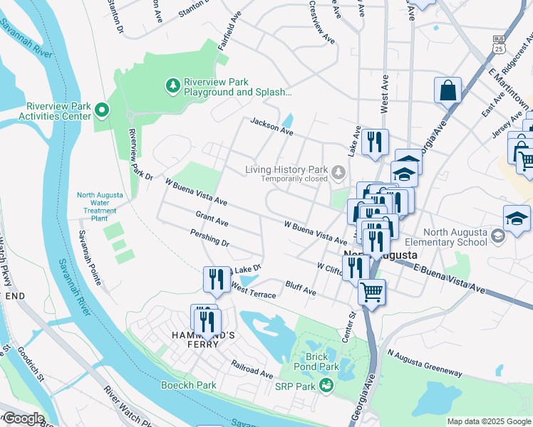 map of restaurants, bars, coffee shops, grocery stores, and more near 337 Lucerne Avenue in North Augusta