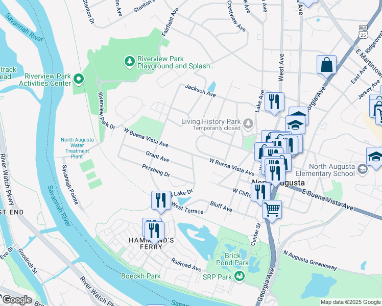 map of restaurants, bars, coffee shops, grocery stores, and more near 507 West Buena Vista Avenue in North Augusta