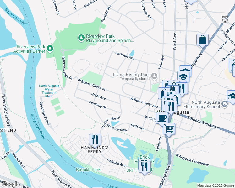 map of restaurants, bars, coffee shops, grocery stores, and more near 507 West Buena Vista Avenue in North Augusta