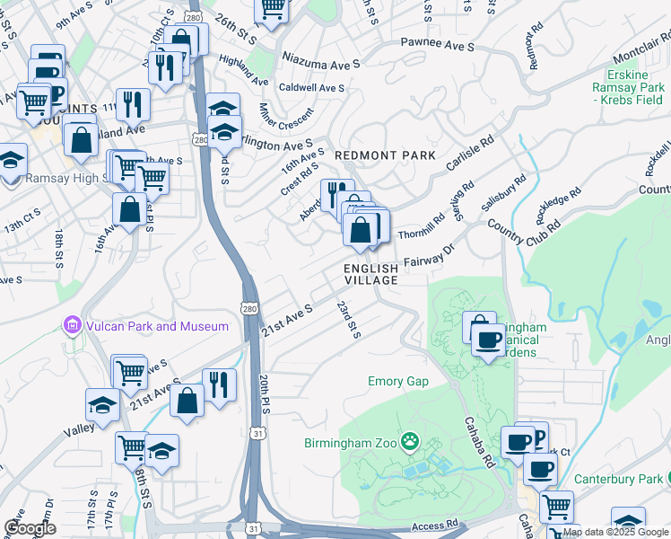 map of restaurants, bars, coffee shops, grocery stores, and more near 2328 20th Avenue South in Birmingham