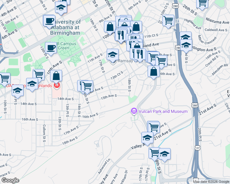 map of restaurants, bars, coffee shops, grocery stores, and more near 1725 14th Court South in Birmingham