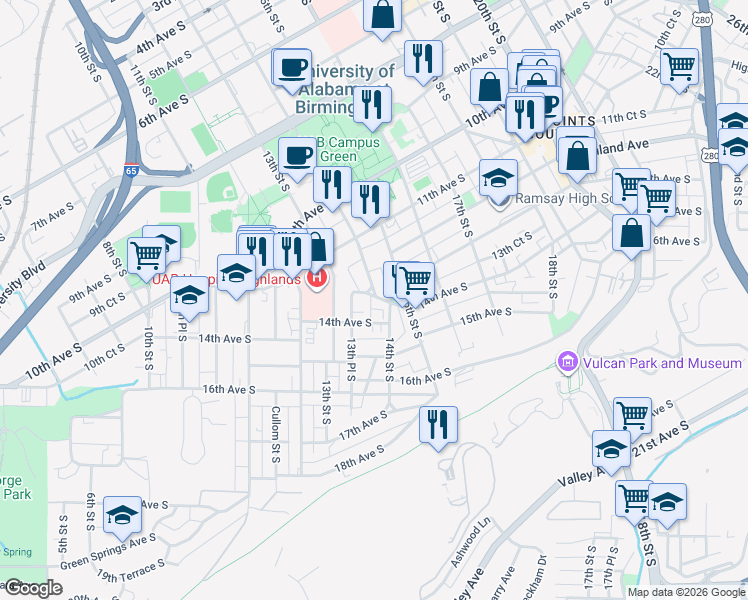 map of restaurants, bars, coffee shops, grocery stores, and more near 1143 14th Street South in Birmingham