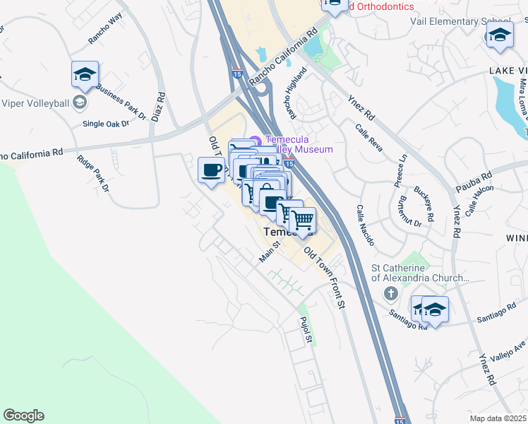 map of restaurants, bars, coffee shops, grocery stores, and more near 28545 Old Town Front Street in Temecula