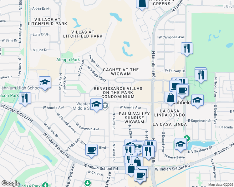 map of restaurants, bars, coffee shops, grocery stores, and more near 14250 West Wigwam Boulevard in Litchfield Park