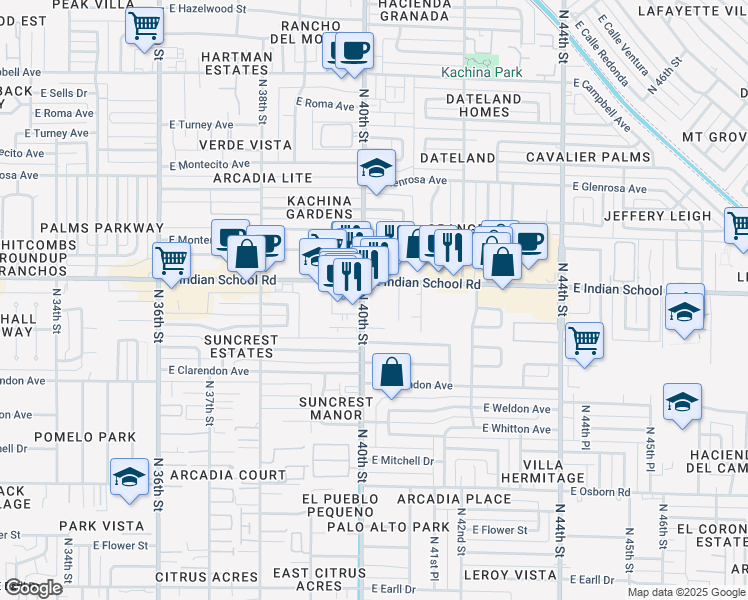 map of restaurants, bars, coffee shops, grocery stores, and more near 4041 North 40th Street in Phoenix