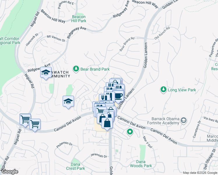map of restaurants, bars, coffee shops, grocery stores, and more near 177 Shorebreaker Drive in Laguna Niguel