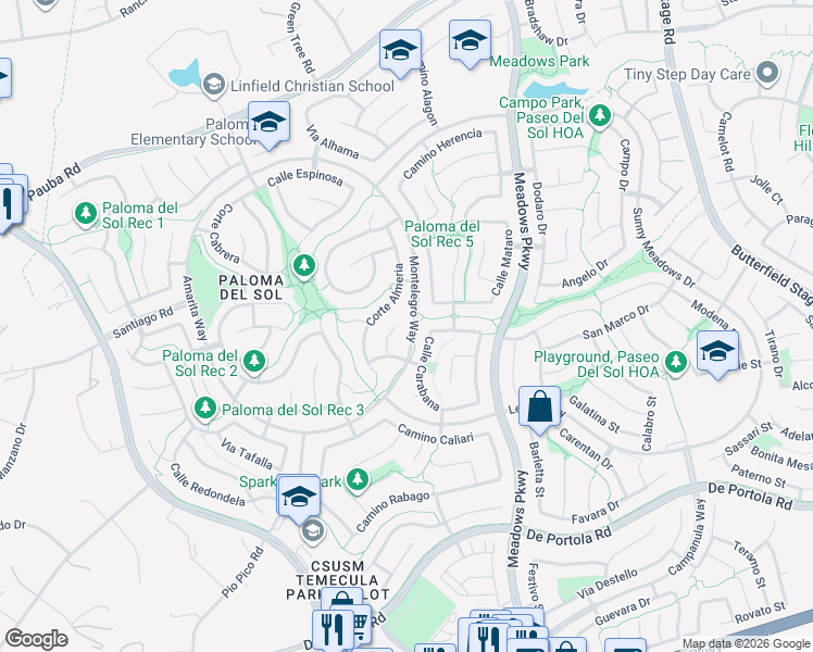 map of restaurants, bars, coffee shops, grocery stores, and more near 43340 Corte Benitez in Temecula