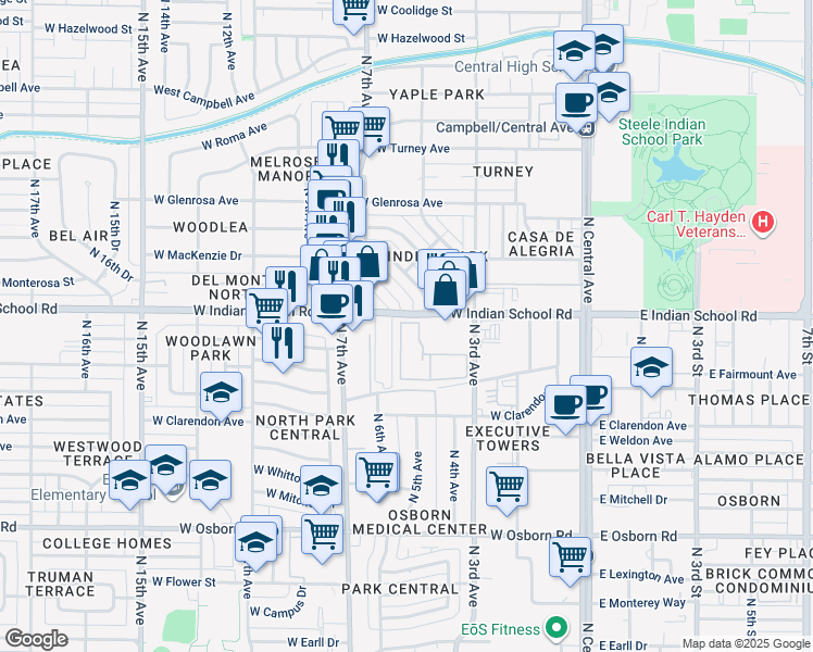 map of restaurants, bars, coffee shops, grocery stores, and more near 3848 North 3rd Avenue in Phoenix