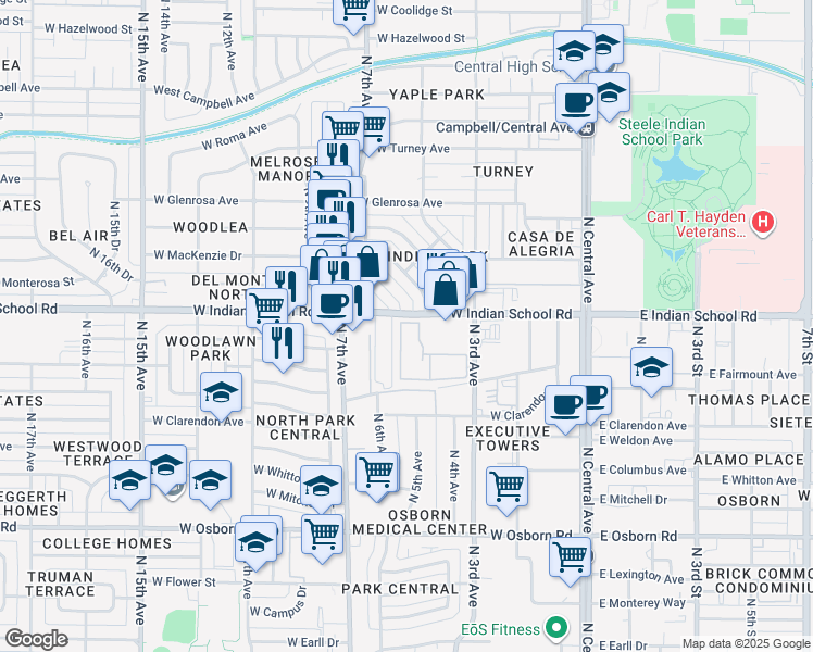 map of restaurants, bars, coffee shops, grocery stores, and more near 602 West Indian School Road in Phoenix