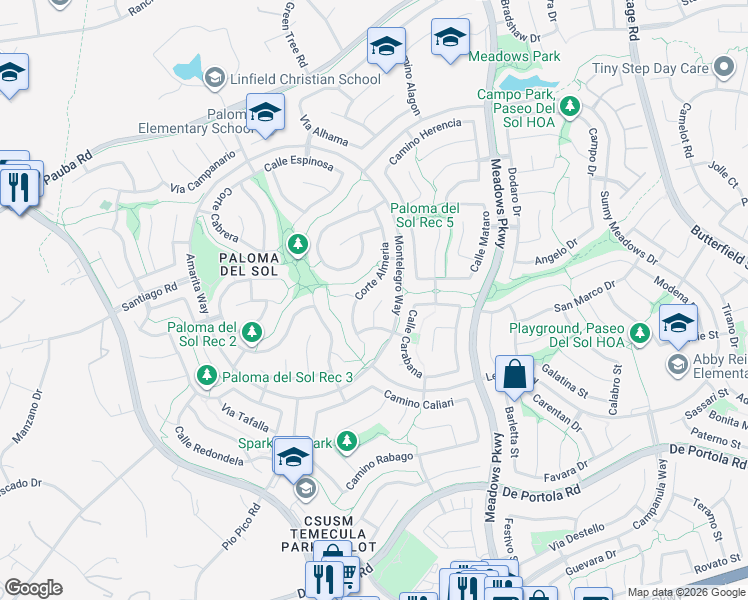 map of restaurants, bars, coffee shops, grocery stores, and more near 43355 Corte Benitez in Temecula