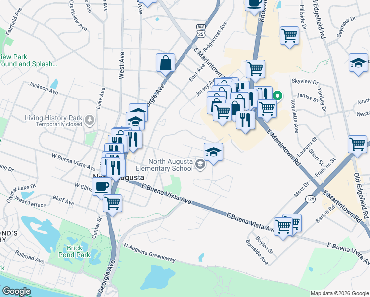 map of restaurants, bars, coffee shops, grocery stores, and more near 101 Spring Oak Lane in North Augusta