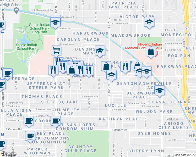 map of restaurants, bars, coffee shops, grocery stores, and more near 1130 East Indian School Road in Phoenix