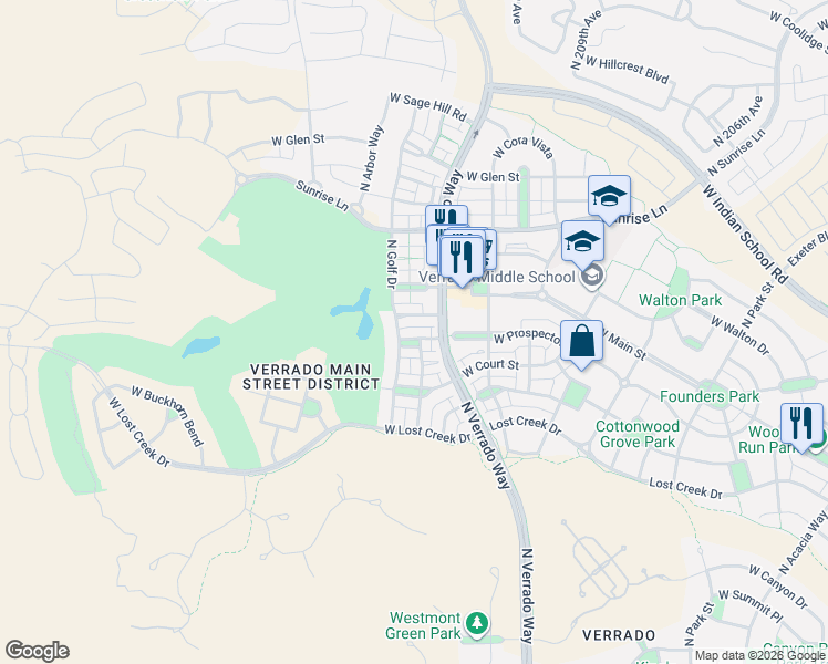 map of restaurants, bars, coffee shops, grocery stores, and more near 21144 West Prospector Way in Buckeye