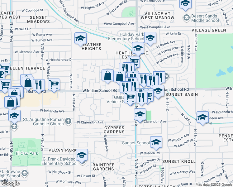 map of restaurants, bars, coffee shops, grocery stores, and more near 6800 West Indian School Road in Phoenix