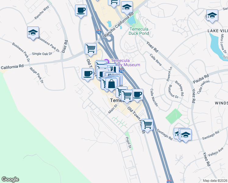 map of restaurants, bars, coffee shops, grocery stores, and more near 28545 Old Town Front Street in Temecula