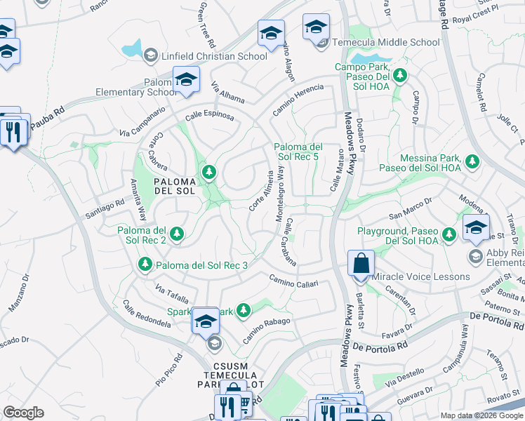 map of restaurants, bars, coffee shops, grocery stores, and more near 43355 Corte Benitez in Temecula