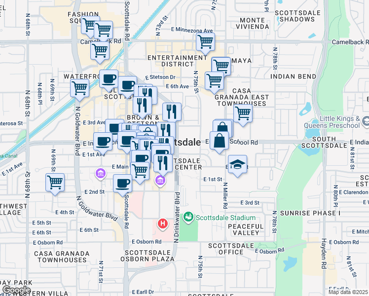map of restaurants, bars, coffee shops, grocery stores, and more near 7447 East Indian School Road in Scottsdale