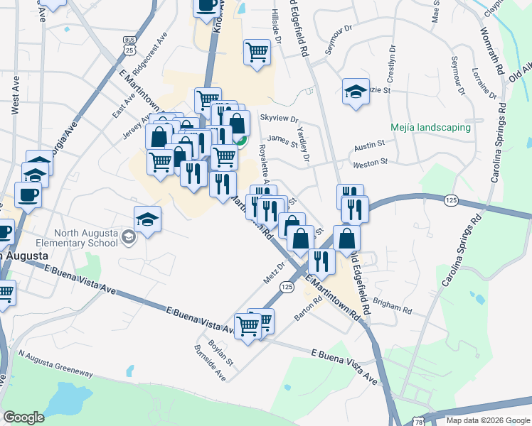 map of restaurants, bars, coffee shops, grocery stores, and more near 919 Royalette Avenue in North Augusta