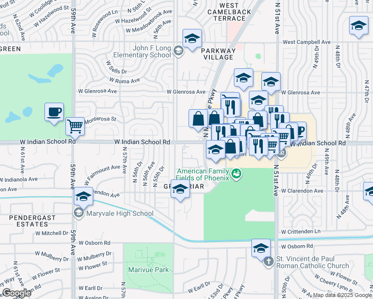 map of restaurants, bars, coffee shops, grocery stores, and more near 5428 West Indian School Road in Phoenix