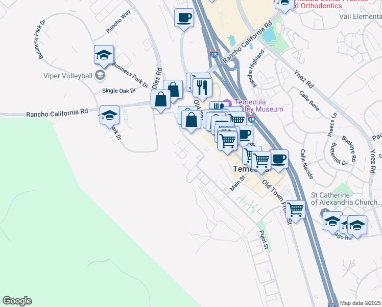 map of restaurants, bars, coffee shops, grocery stores, and more near 28465 Felix Valdez Avenue in Temecula