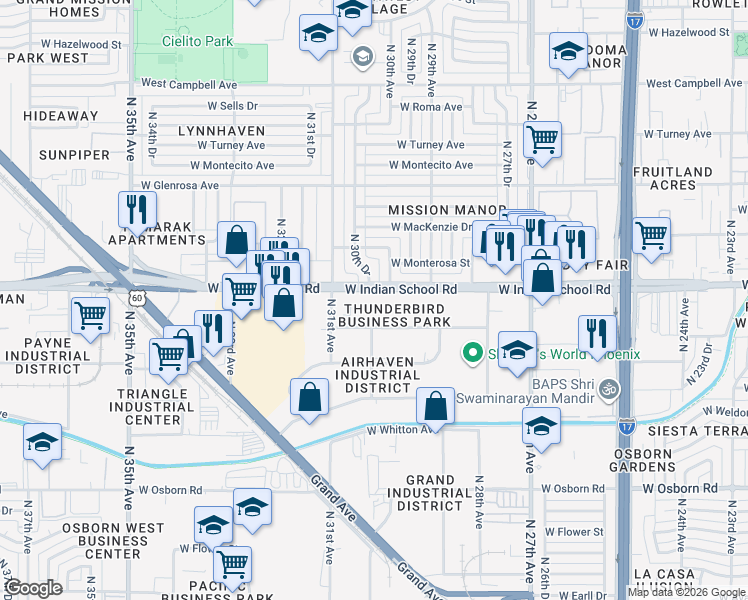 map of restaurants, bars, coffee shops, grocery stores, and more near 4102 North 30th Avenue in Phoenix