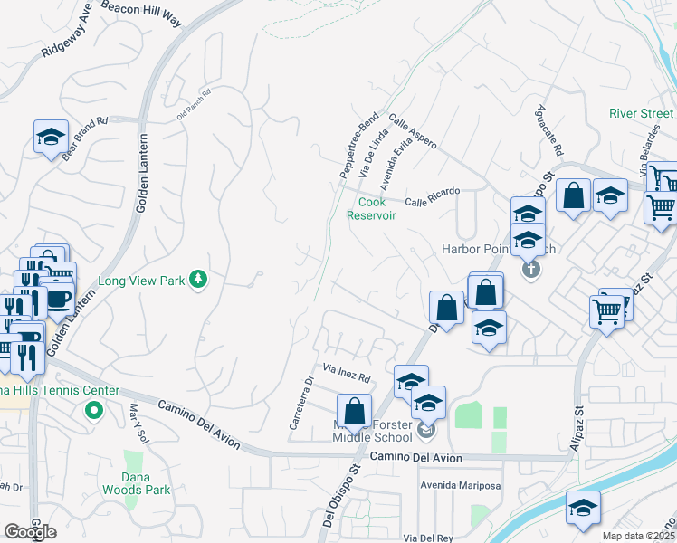 map of restaurants, bars, coffee shops, grocery stores, and more near 25581 Paseo De La Paz in San Juan Capistrano
