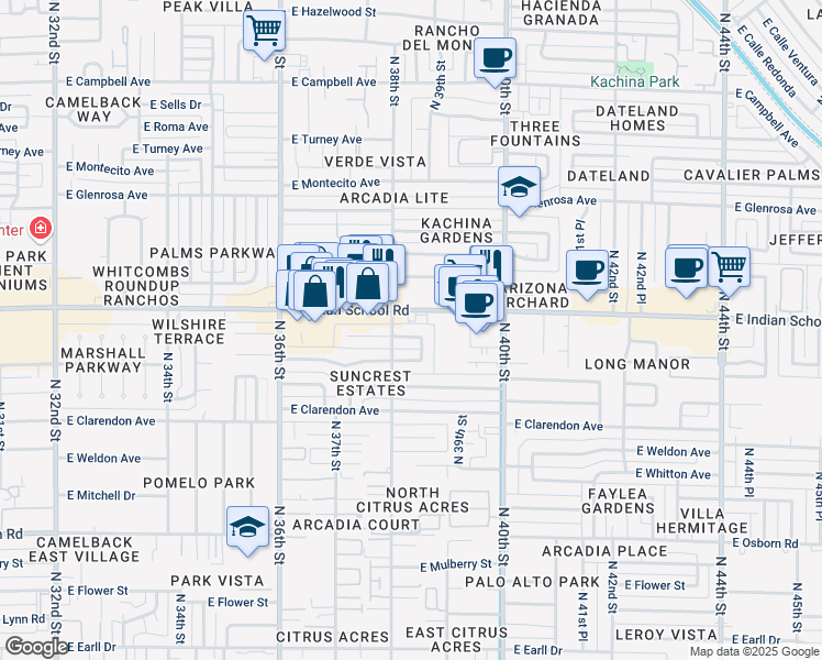 map of restaurants, bars, coffee shops, grocery stores, and more near 3815 East Indian School Road in Phoenix