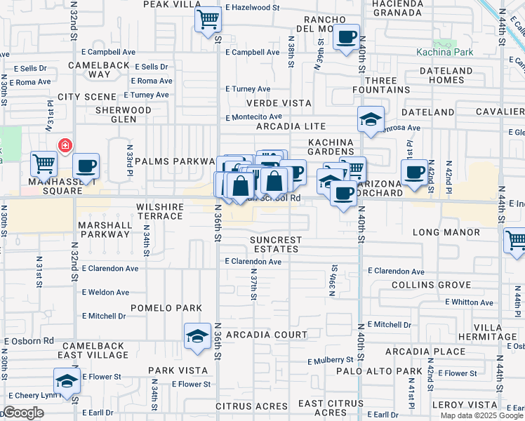 map of restaurants, bars, coffee shops, grocery stores, and more near 3627 East Indian School Road in Phoenix