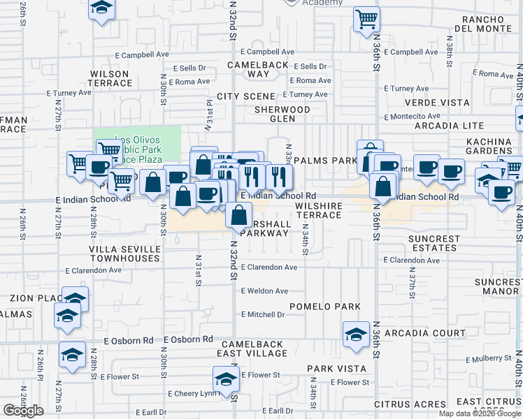 map of restaurants, bars, coffee shops, grocery stores, and more near 3243 East Indian School Road in Phoenix